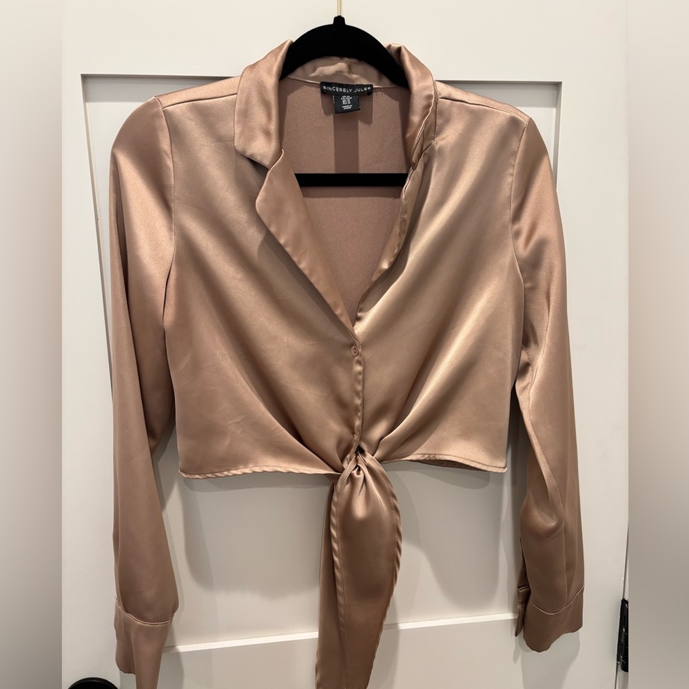 Sincerely Jules Long Sleeve Blouse: Tan Top